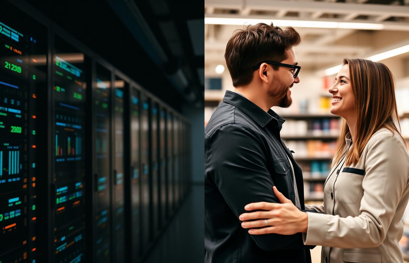 Split composition: a data center on the left, a customer conversation in a store on the right