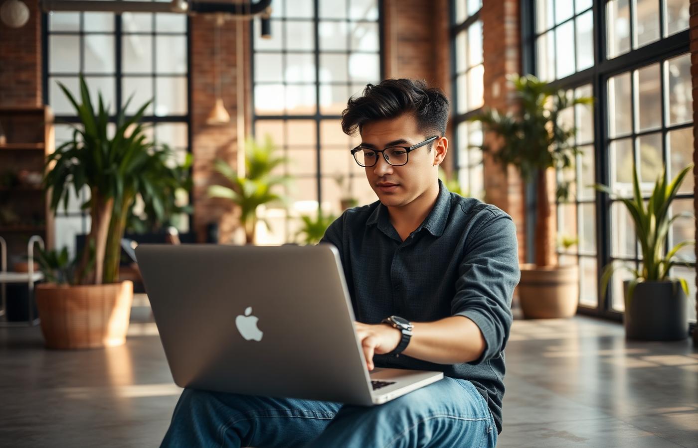 A young business owner working on a laptop inside a contemporary storefront studio