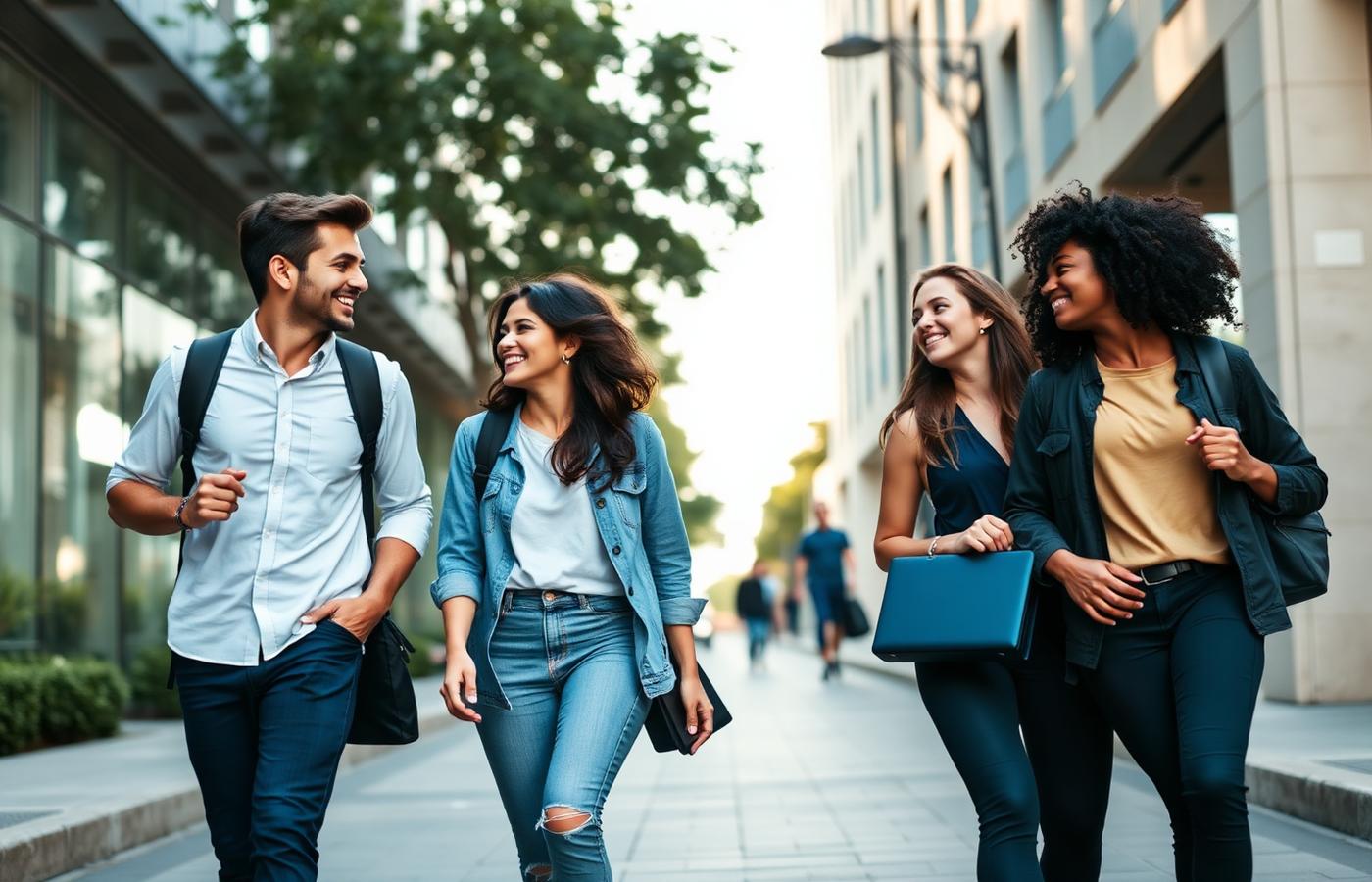 Four young professionals walking together through a modern city street