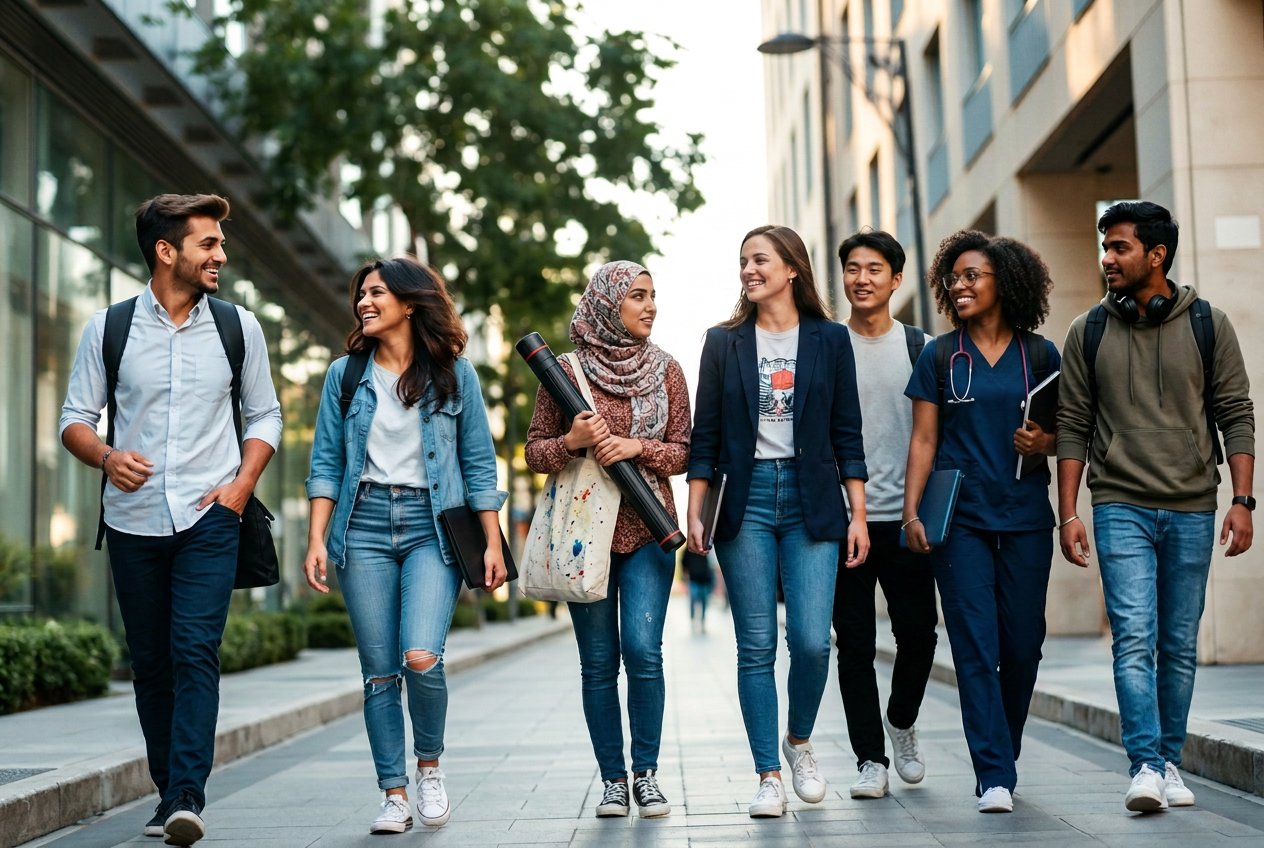 Seven diverse college students of different majors walking together through a city street