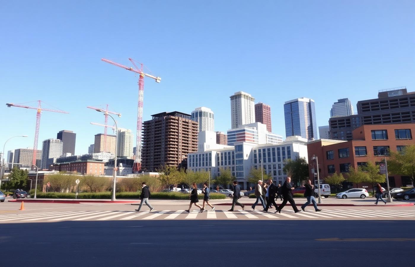 New development and cranes above a growing city as pedestrians cross the street