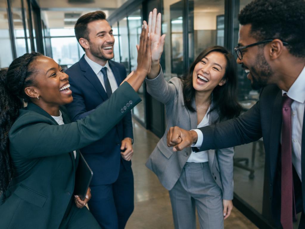 Teammates in suits celebrating with high-fives in the office hallway