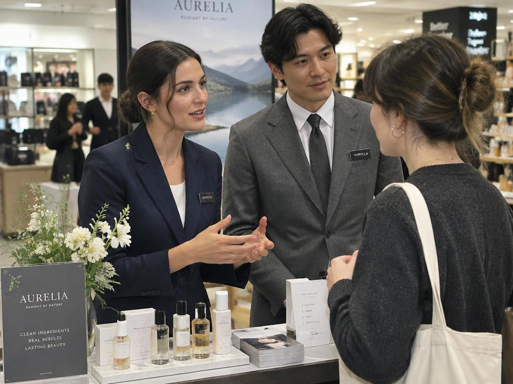 Two representatives in suits talking with a customer at an in-store brand activation