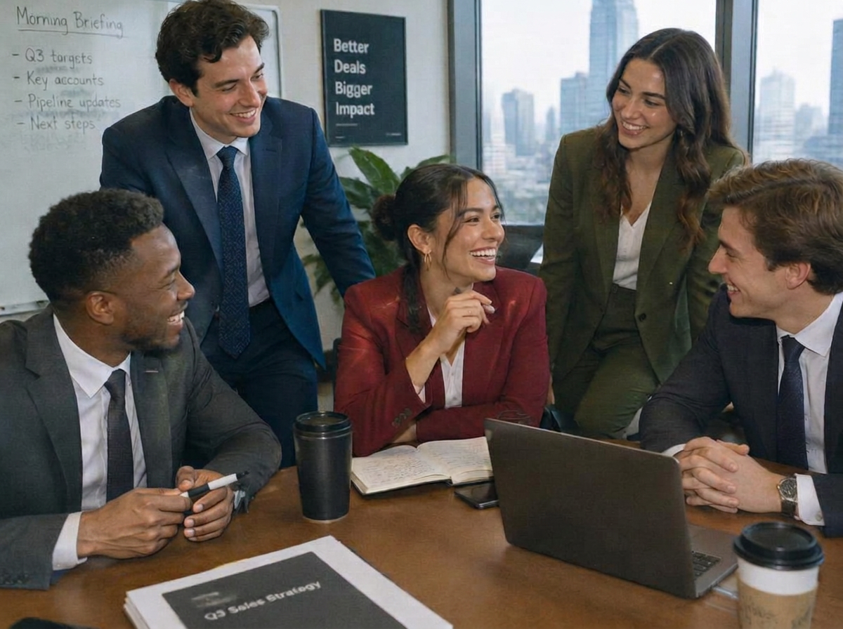 Team members in suits laughing together during a morning briefing in the office
