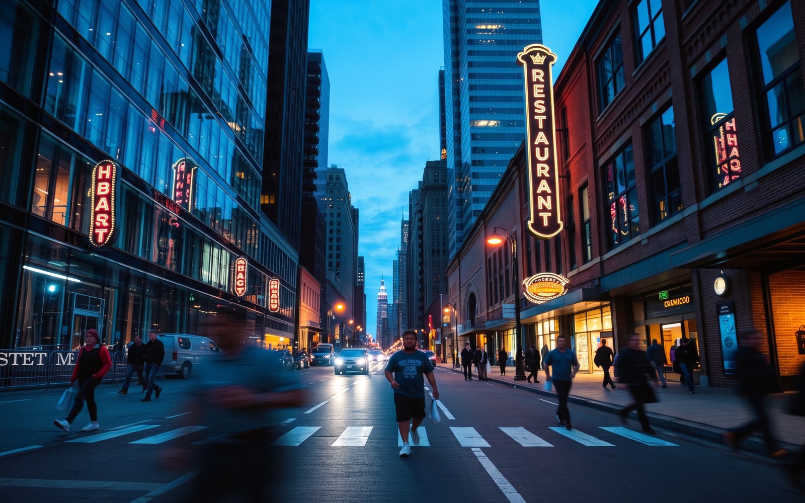 Downtown Columbus at dusk with people moving through the street