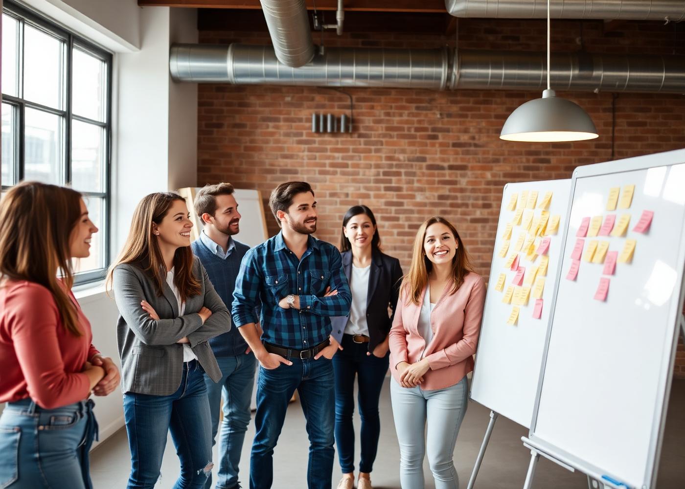A small team in a bright office loft reviewing notes during a coaching session
