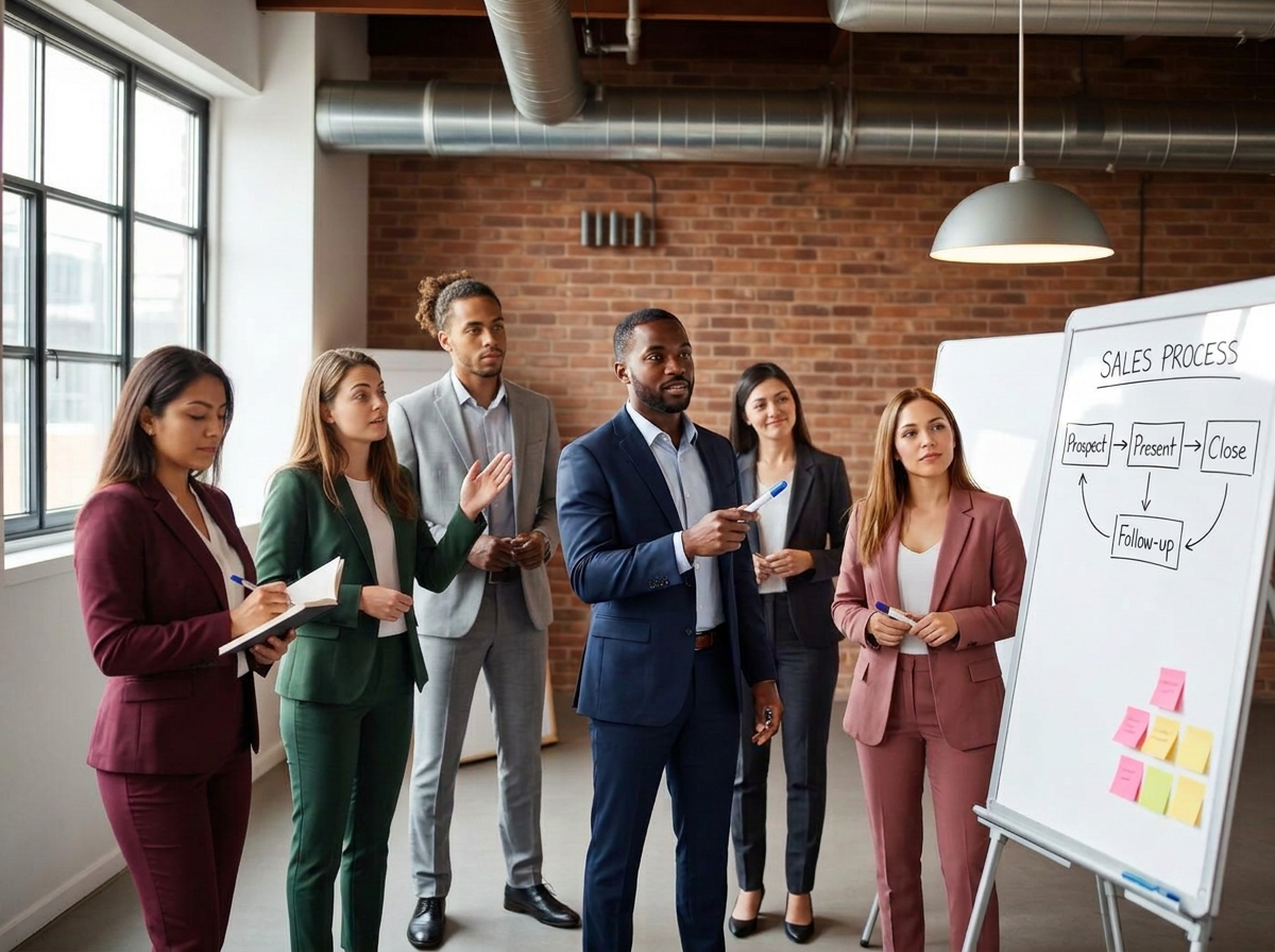 Six teammates in different-colored suits reviewing a handwritten sales diagram, with two teammates holding whiteboard markers