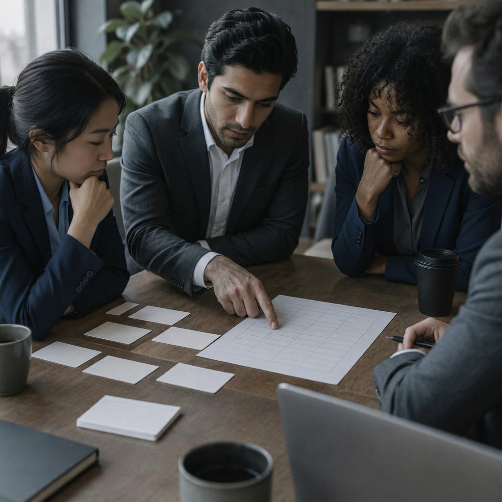 A team reviewing notes and a printed chart together at a table