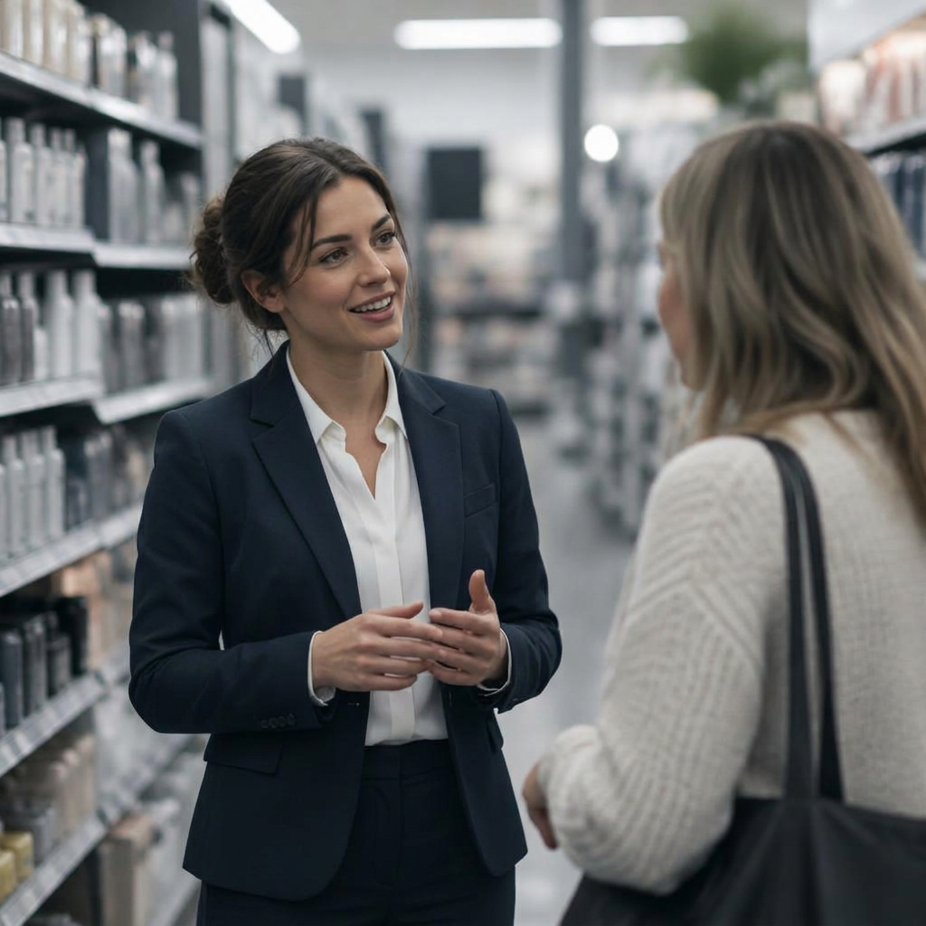 A representative speaking with a shopper in a retail aisle