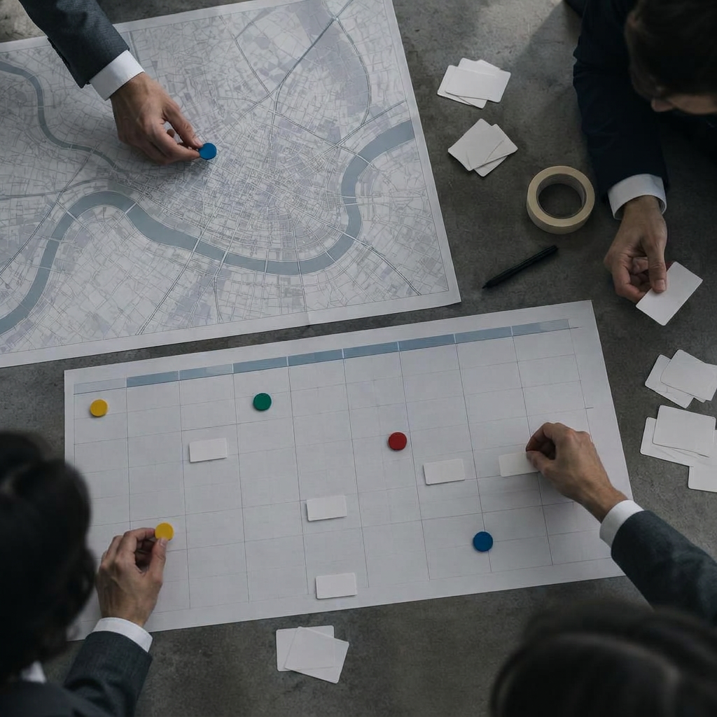 Hands arranging markers and cards on a large blank planning grid