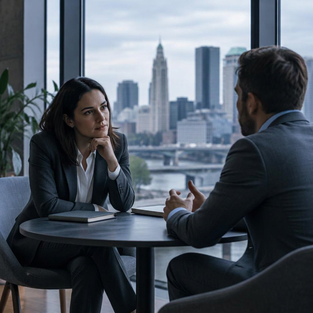 Two people in conversation across a table in a bright office